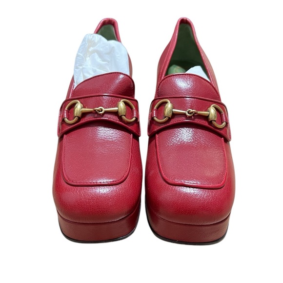 Gucci Goatskin Houdan Mid Heel Platform Loafers Hibiscus Red - Picture 3 of 9